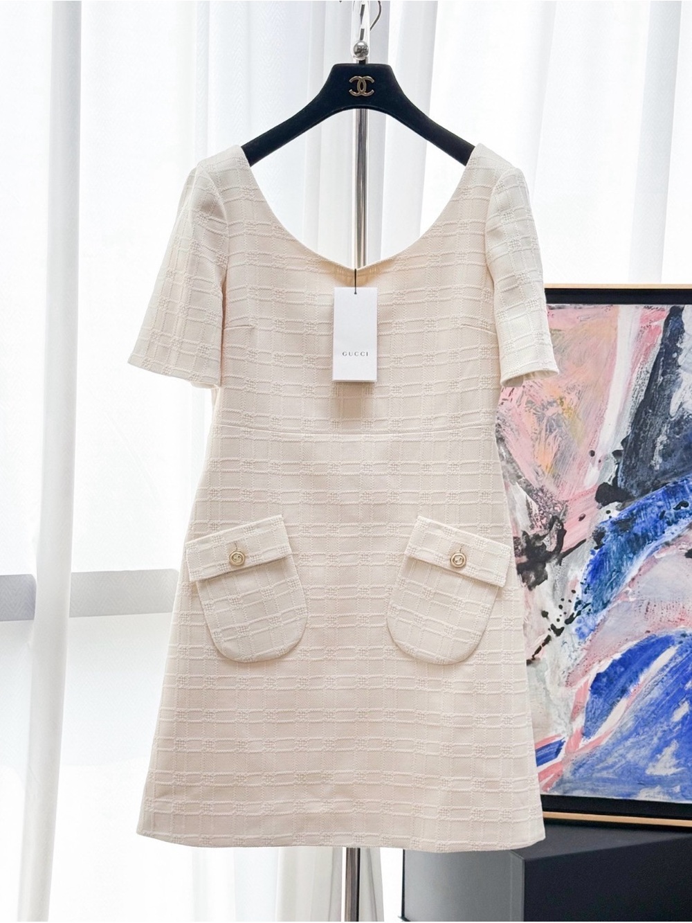 🚩steal Gucci Cream Short-Sleeve Textured Pocket Shift Dress